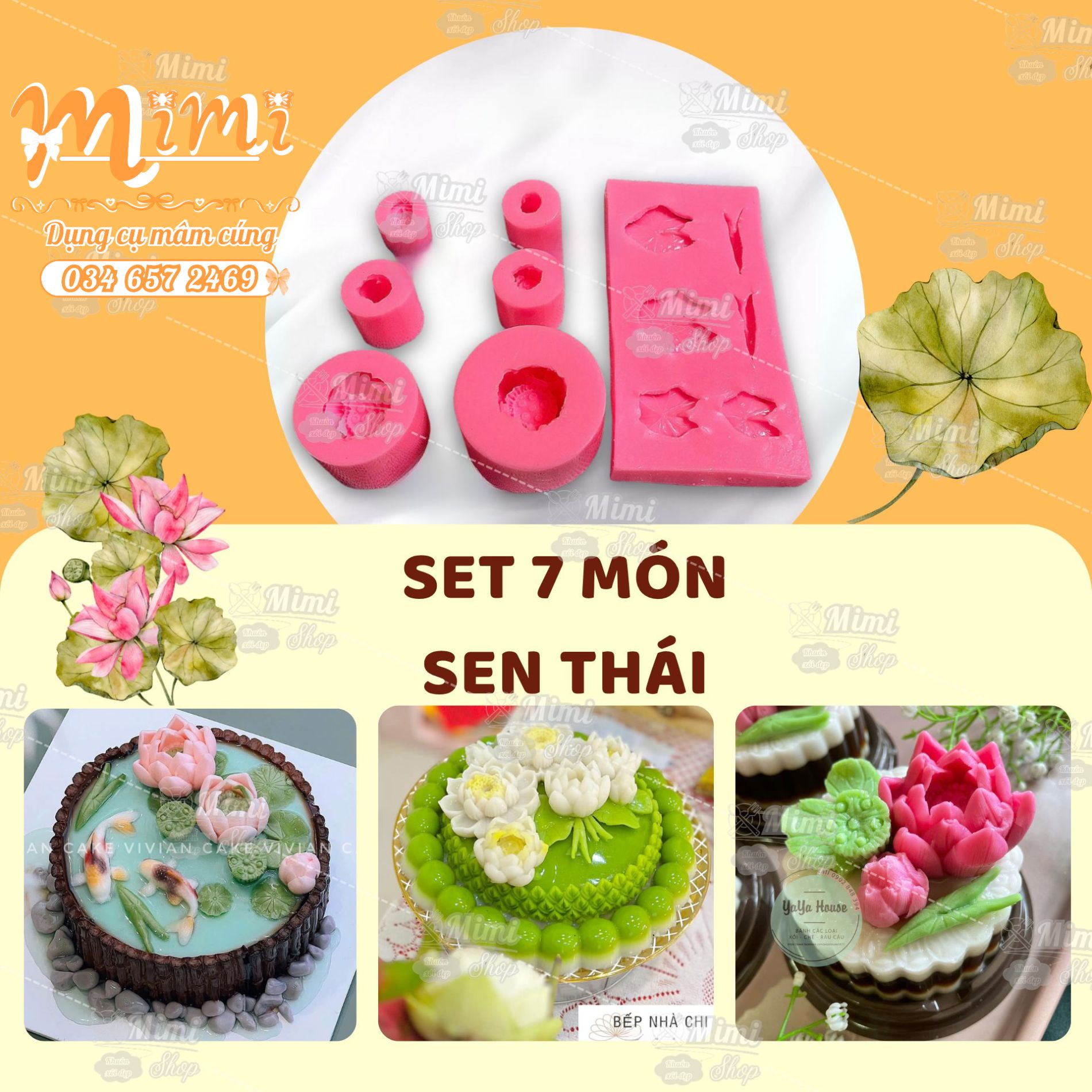 Khuôn silicon bộ sen thái 7 món đổ bánh thạch rau câu - Hoa sen thái 5,3cm